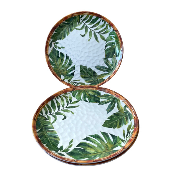 BUNGALOW Tropical Bamboo Banana Leaf Melamine 11" Dinner Plate Set of 8 NEW - Picture 2 of 10
